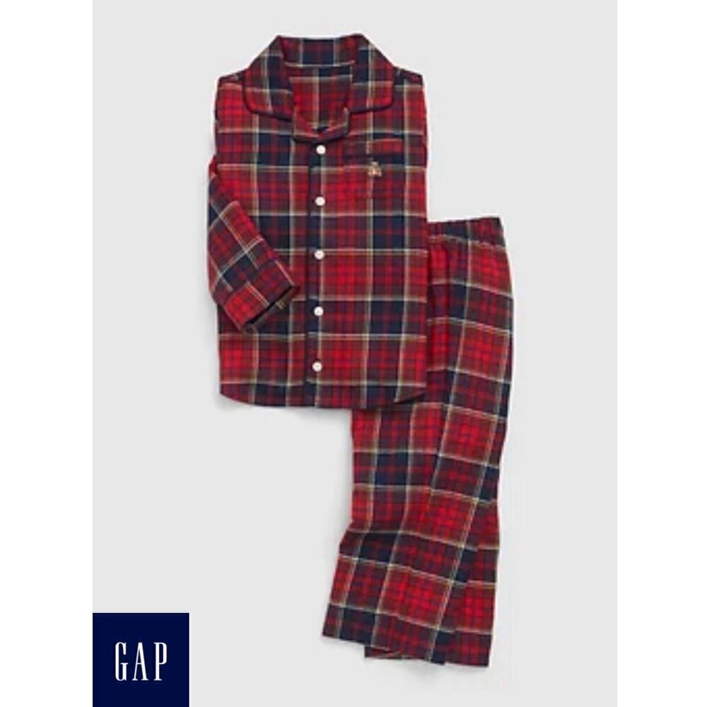Baby Gap Holiday Flannel 2-piece Pajama Set Red Plaid Button Collar Toddler PJs